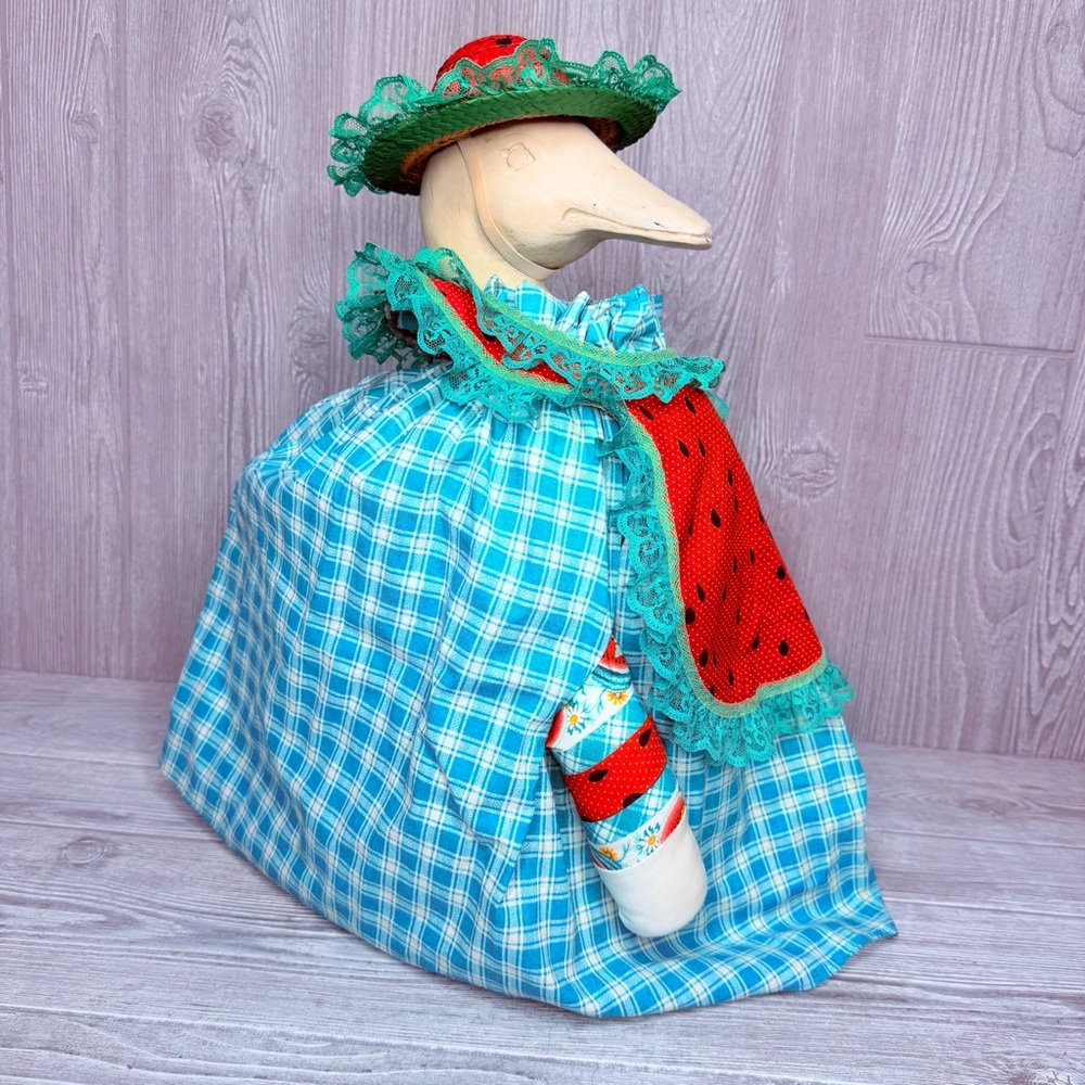 Vintage hand made porch goose outfit / clothes wicker hat and watermelon dress - Picture 2 of 6